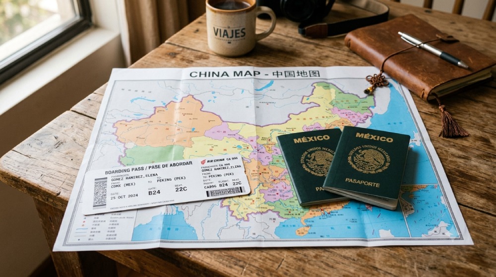 Mesa de madera con mapa de China con dos pasaportes y boletos de avión encima del mapa