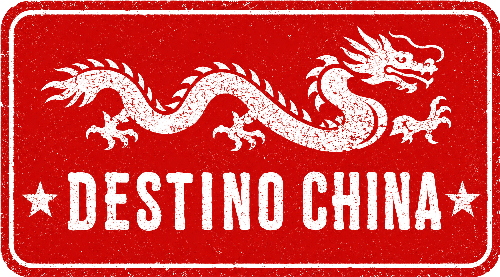 Logotipo Destino China contiene un dragon chino en color blanco